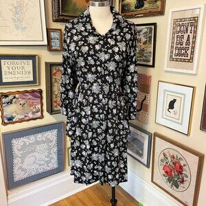 April Cornell 2X Floral Black & White Floral Dress With Long Sleeve